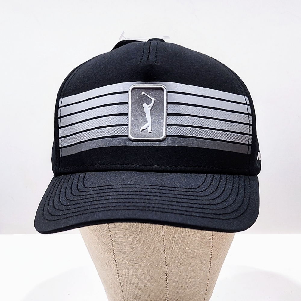 PGA Tour Golf Hat Cap Black Gray Stripes Reflective Logo Pro Series Adjustable